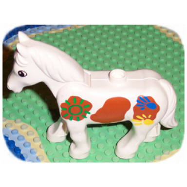 white duplo horse with movable head with dark orange large spots pattern