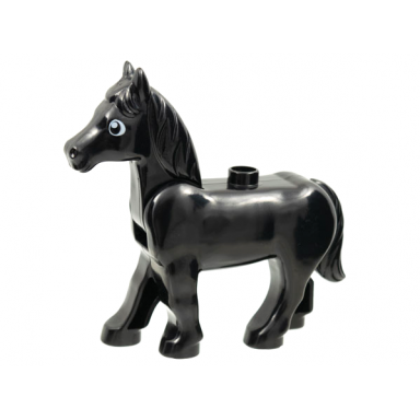 black duplo horse with movable head with white eyes with large glint pattern