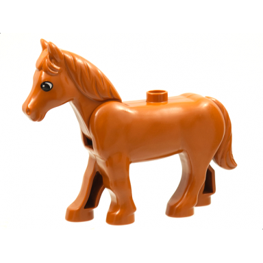 dark orange duplo horse with movable head with black and white eyes with small glint pattern