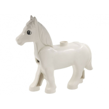 white duplo horse with movable head with black and white eyes with small glint pattern
