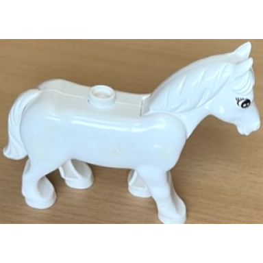 white duplo horse with movable head with black eyes with eyelashes pattern