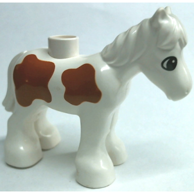white duplo horse baby foal pony with large dark orange spots