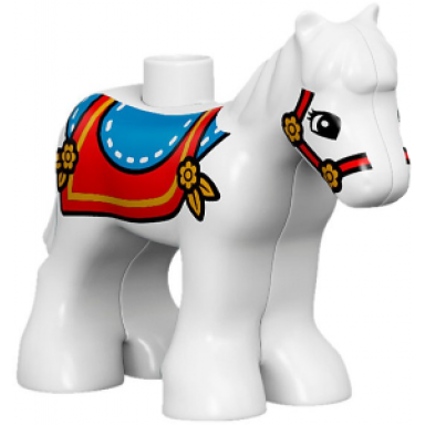 white duplo horse baby foal pony with blue and red saddle and red bridle pattern