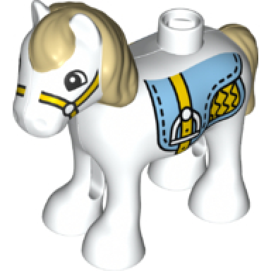 white duplo horse baby foal pony with tan mane and tail bright light blue saddle with stirrups yellow bridle pattern