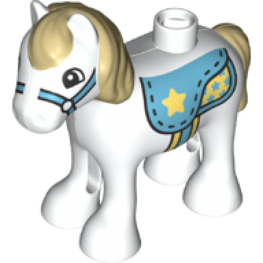 white duplo horse baby foal pony with tan mane and tail medium azure saddle with bright light yellow star medium azure bridle pattern