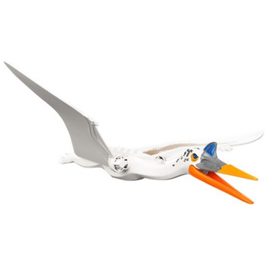 white dinosaur quetzalcoatlus with blue eyes and orange jaw