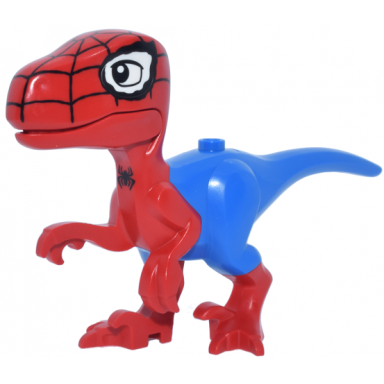 dinosaur raptor velociraptor with molded blue pants and tail and white eye patches and printed black eyes webbing and spider pattern marvel spidey-rex