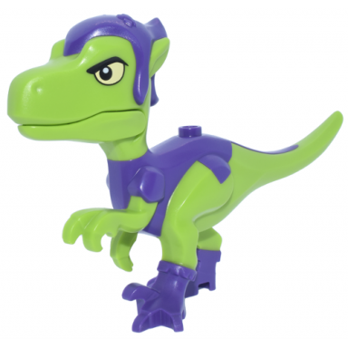 dinosaur raptor velociraptor with molded dark purple hat shirt and boots and printed black eyebrows and bright light yellow eyes pattern marvel gobby-raptor