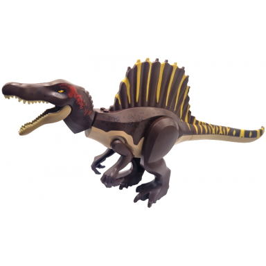 dinosaur spinosaurus with dark brown back and bright light orange stripes
