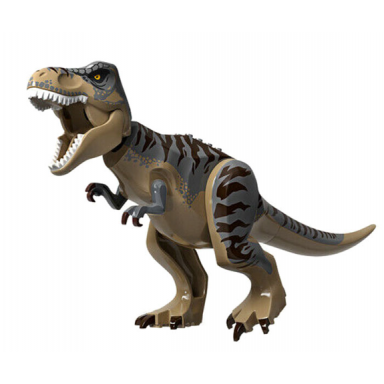 dark tan dinosaur tyrannosaurus rex with dark bluish gray back and dark brown markings