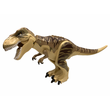 tan dinosaur tyrannosaurus rex with dark tan back dark brown markings and white teeth