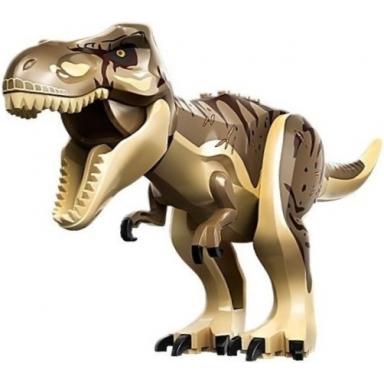 tan dinosaur tyrannosaurus rex with dark tan back dark brown markings and scars