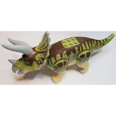 tan dinosaur triceratops with olive green and dark brown stripes on back