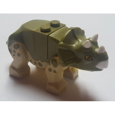 dinosaur triceratops baby with olive green top with white horns and beak pattern with brick and plate