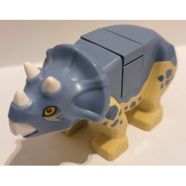 tan dinosaur triceratops baby with sand blue top with white horns and beak pattern with brick and tile