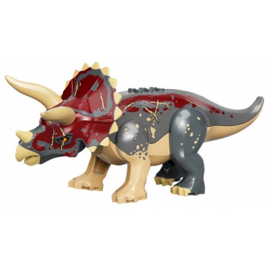 tan dinosaur triceratops with dark bluish gray back and dark red markings