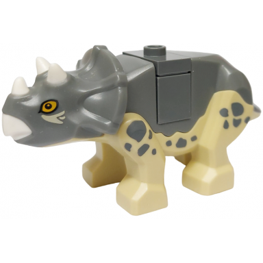 tan dinosaur triceratops baby with dark bluish gray top with white horns and beak pattern with brick and jumper plate