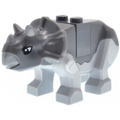dinosaur triceratops baby with dark bluish gray top with flat silver horns and beak pattern with brick and plate