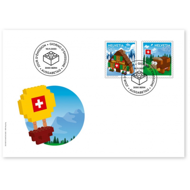 lego stamp switzerland first day cover november 11 2022 - chalet and cow