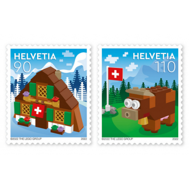 lego stamp switzerland 2022 - chalet and cow set of 2