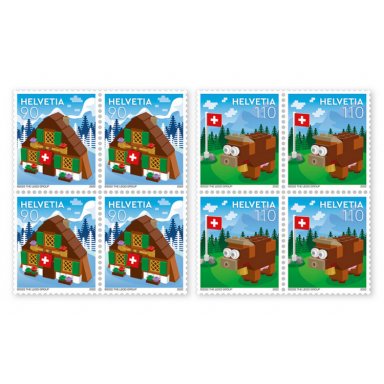 lego stamp switzerland 2022 - chalet and cow set of 2 sheets of 4