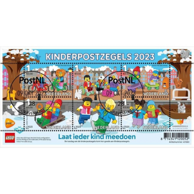 lego stamp netherlands 2023 - kinderpostzegels minifigures sheet of 5 - franked version