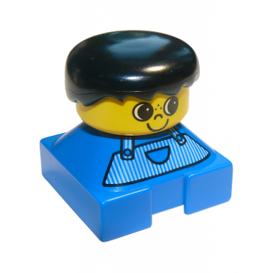 duplo 2 x 2 x 2 figure brick blue base striped overalls black hair large eyes freckles on nose