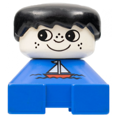 duplo 2 x 2 x 2 figure brick blue base with sailboat pattern white head with freckles black male hair