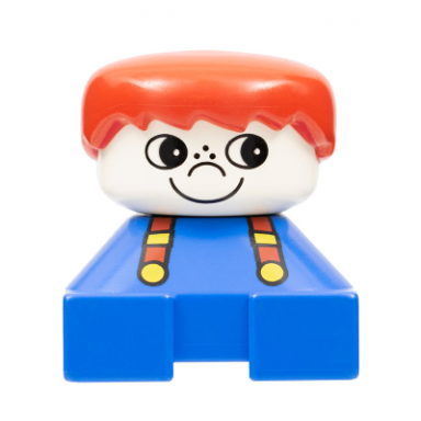duplo 2 x 2 x 2 figure brick blue base with suspenders white head with freckles on nose red male hair