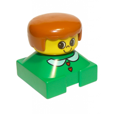 duplo 2 x 2 x 2 figure brick green base with white collar and red heart buttons yellow head dark orange female hair