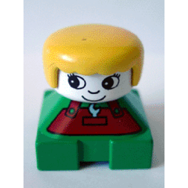 duplo 2 x 2 x 2 figure brick green base with rust overalls and wrench pattern white head with eyelashes yellow female hair