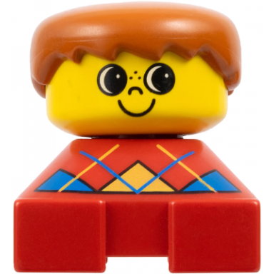 duplo 2 x 2 x 2 figure brick red base with blue argyle sweater pattern yellow head with freckles on nose dark orange male hair