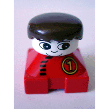 duplo 2 x 2 x 2 figure brick red base with number 1 race pattern white head black male hair
