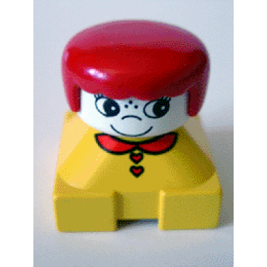 duplo 2 x 2 x 2 figure brick yellow base with red collar and red heart buttons white head with eyelashes red female hair