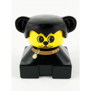 duplo 2 x 2 x 2 figure brick dog black base with collar black hair with ears yellow dog face