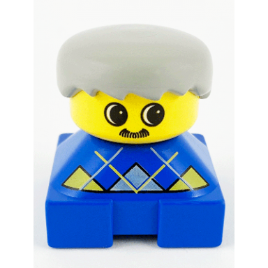 duplo 2 x 2 x 2 figure brick blue base with yellow argyle sweater pattern yellow head with moustache light gray male hair