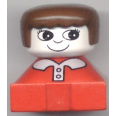duplo 2 x 2 x 2 figure brick red base with white collar and pink buttons white head with eyelashes brown female hair