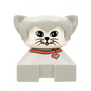 duplo 2 x 2 x 2 figure brick cat light gray base with red collar light gray hair white face
