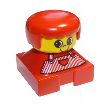 duplo 2 x 2 x 2 figure brick red base with red stripe overalls red hair large eyes