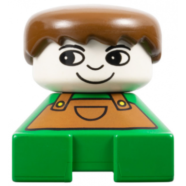 duplo 2 x 2 x 2 figure brick green base with overalls brown hair white head