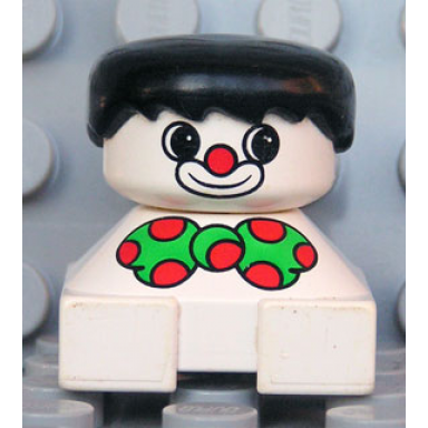 duplo 2 x 2 x 2 figure brick clown white base green bow with red dots black hair white face with red nose