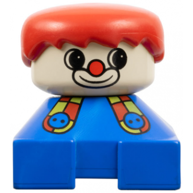 duplo 2 x 2 x 2 figure brick clown blue base with button suspenders white head red male hair