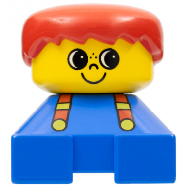 duplo 2 x 2 x 2 figure brick blue base with suspenders yellow head with smile and freckles above nose red male hair 75414