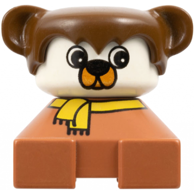 duplo 2 x 2 x 2 figure brick dog fabuland brown base with yellow scarf brown hair with ears white dog face