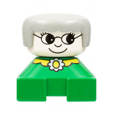 duplo 2 x 2 x 2 figure brick grandmother green base gray hair white head yellow collar with flower