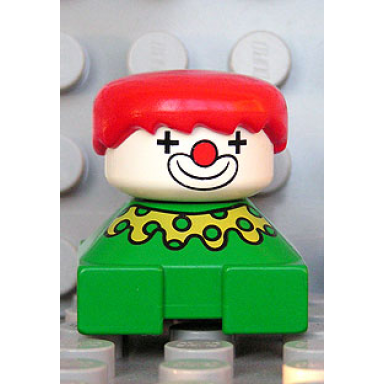 duplo 2 x 2 x 2 figure brick clown green base yellow collar with green dots white head red hair