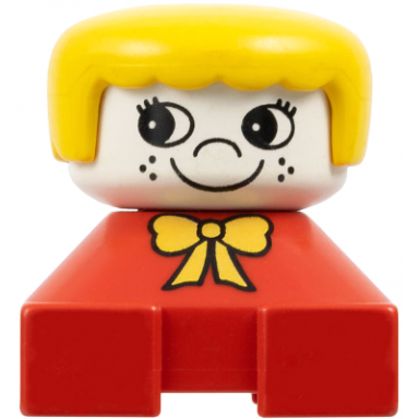 duplo 2 x 2 x 2 figure brick red base with yellow bow white head with eyelashes and freckles yellow hair