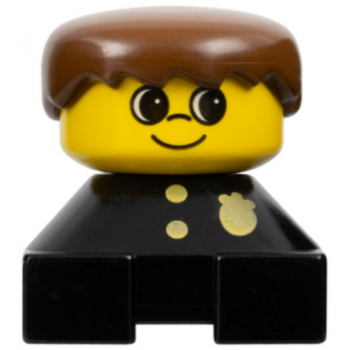 duplo 2 x 2 x 2 figure brick black base with police pattern yellow head brown male hair