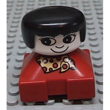 duplo 2 x 2 x 2 figure brick red base with yellow and red polka dot scarf white face with eyelashes black female hair