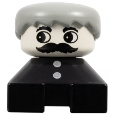 duplo 2 x 2 x 2 figure brick black base with two buttons gray hair white face with moustache